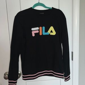 FILA sweater with multi colored logo and pink stripes.